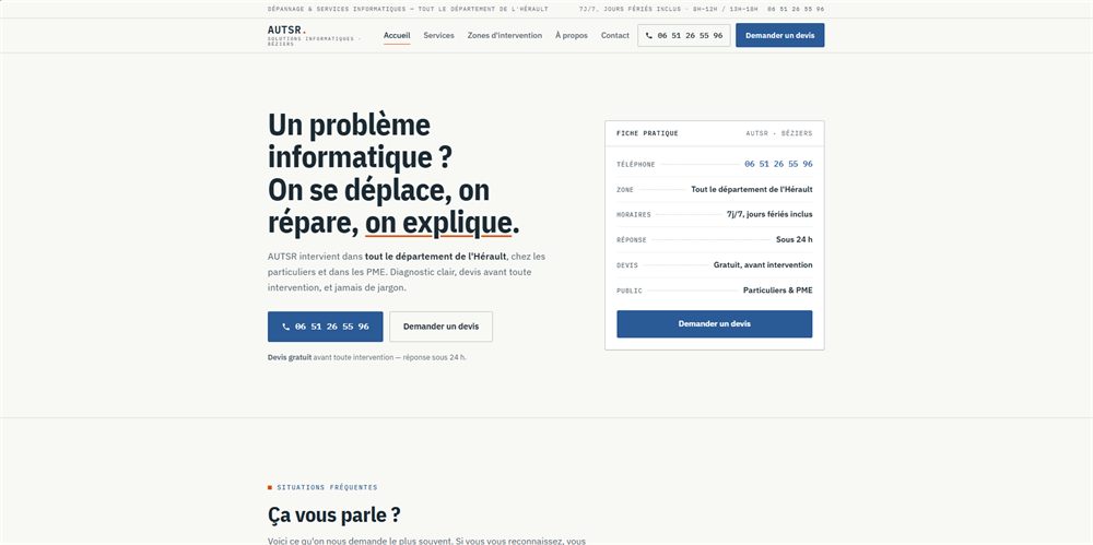 Site vitrine AUTSR, dépannage informatique à Béziers